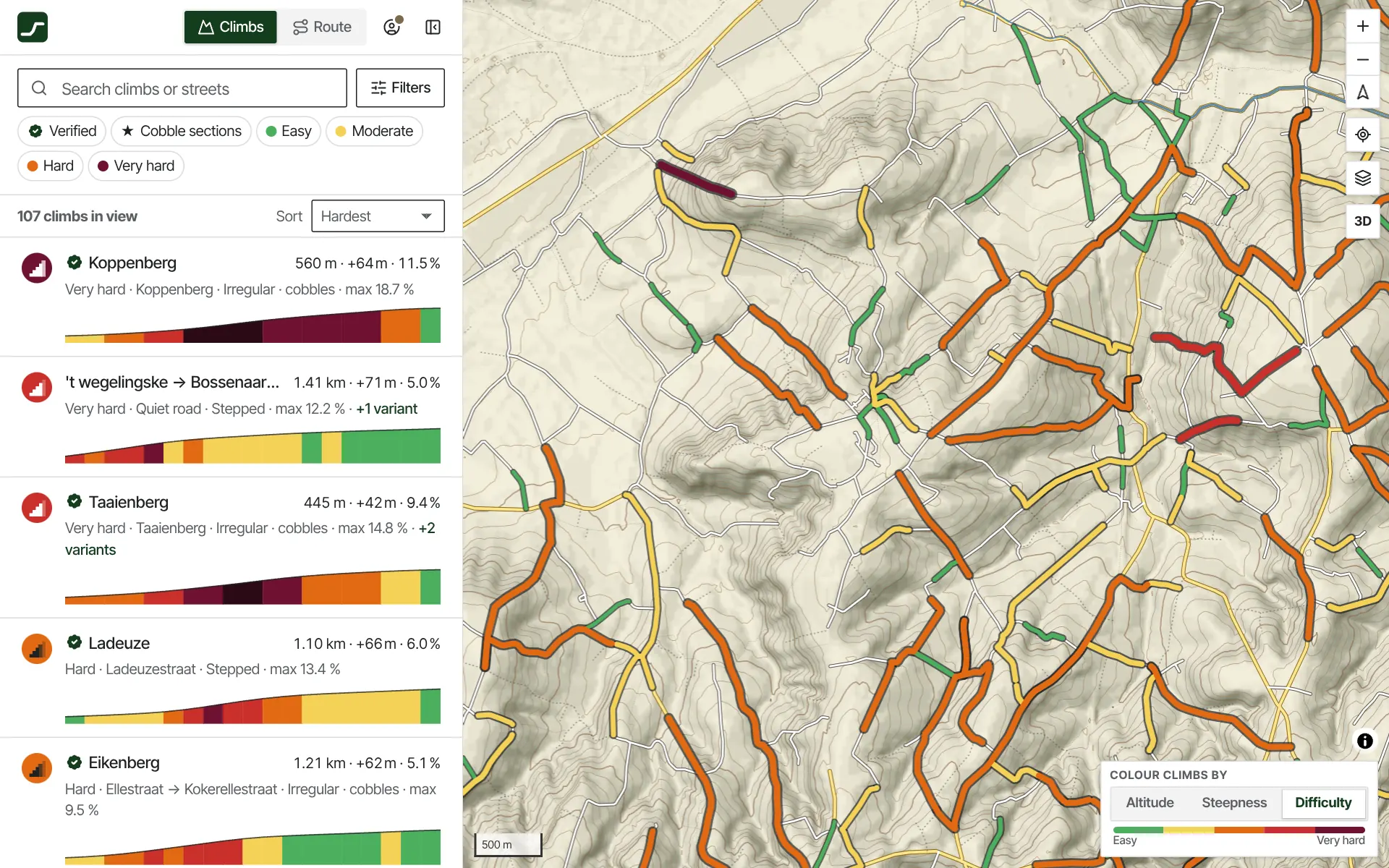 The map with the climbs around Oudenaarde and the list of the hardest ones in view